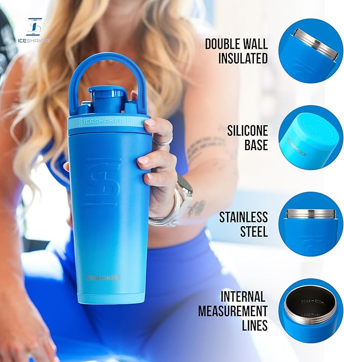 Ice Shaker Insulated Stainless Steel Shaker Bottle | 26oz, Blue Color Rush | Cold for 24+ Hours | Insulated Cup with Twist-on Agitator | Odor-Free Bottle for Shakes, Water, Smoothies, Cocktails