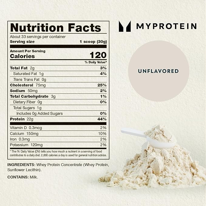 Myprotein Impact Whey Protein Powder, 2.2 Lbs (33 Servings) Unflavored, 22g Protein & 5g BCAA Per Serving, Protein Shake for Superior Performance, Muscle Strength & Recovery, Gluten Free