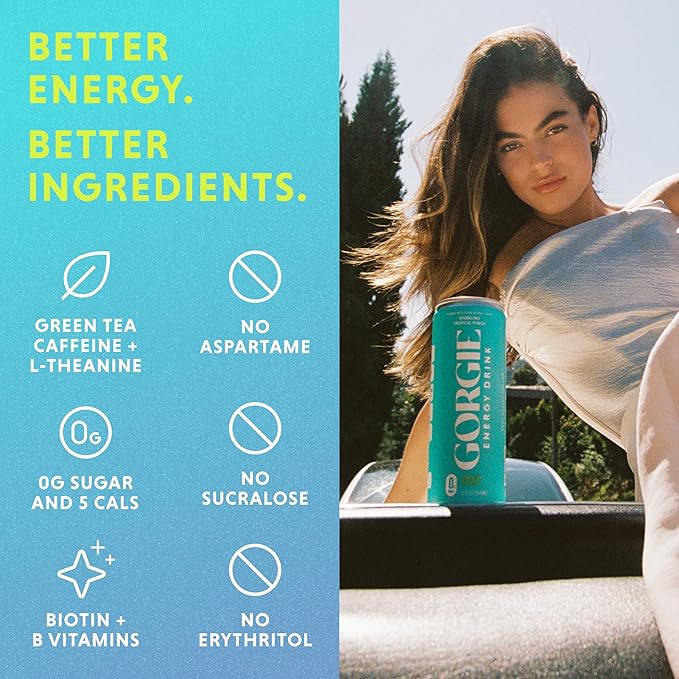 GORGIE Sugar Free Natural Energy Drinks, Sparkling Paradise Punch (12 Pack) - Healthy Energy Drinks - Natural Coffee Replacement with Green Tea Caffeine and Biotin - 150mg Caffeine, Vegan, Low Calorie