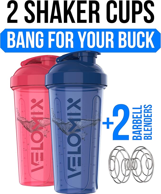 VELOMIX -2 Pack- 28 oz Protein Shaker Bottles for Protein Mixes - 2x Wire Whisk | Leak Proof Shaker Cups for Protein Shakes | Protein Shaker Bottle Pack | Shakers for Protein Shakes-Blue&Pink