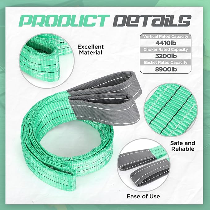 4 Pcs Lift Sling Straps Heavy Duty Web Slings Straps Polyester Nylon for Hoist Car Outdoor Using
