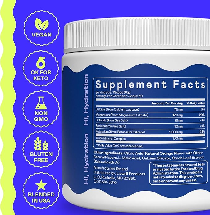 Hi-Lyte K1000 Electrolytes Powder Mix Orange Keto & Performance, 50 Servings