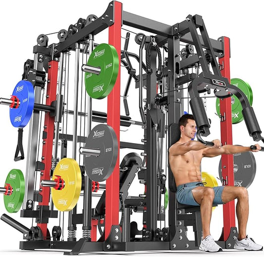 Smith Machine with Cable Crossover System, Multi-Function Squat Rack Power Cage for Home Gym, Power Rack and Packages Weight Sets