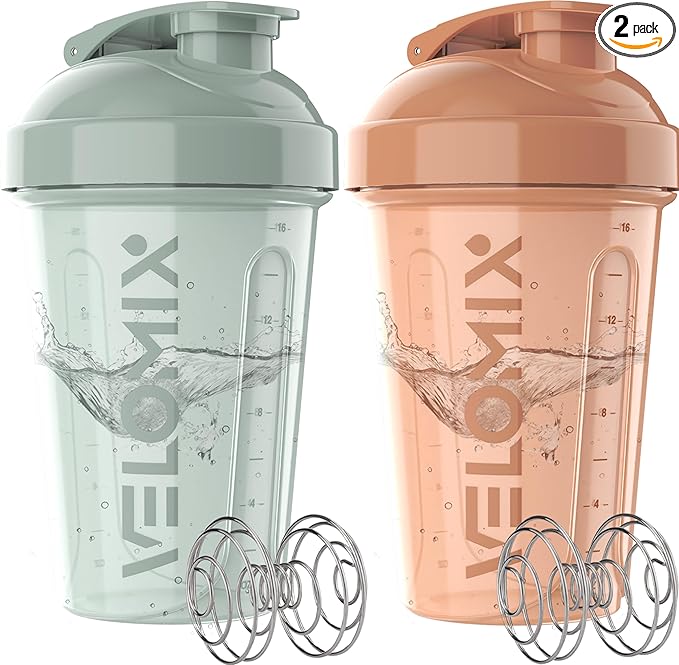 VELOMIX -2 Pack- 20 oz Protein Shaker Bottles for Protein Mixes - 2x Wire Whisk | Leak Proof Shaker Cups for Protein Shakes and Pre Workout | Protein Shaker Bottle Pack (Mint Glow)