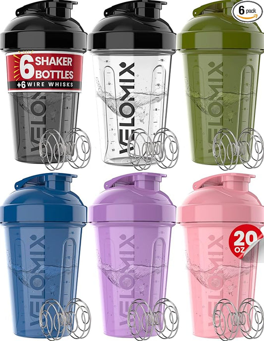 VELOMIX -6 PACK- Shaker Cups for Protein Shakes 20 oz - 6x Wire Whisk | Leak Proof Protein Shaker Bottle for Protein Shakes, Shaker Bottle Pack for Pre & Post Workout, Shaker Cup (Muted Contrast)