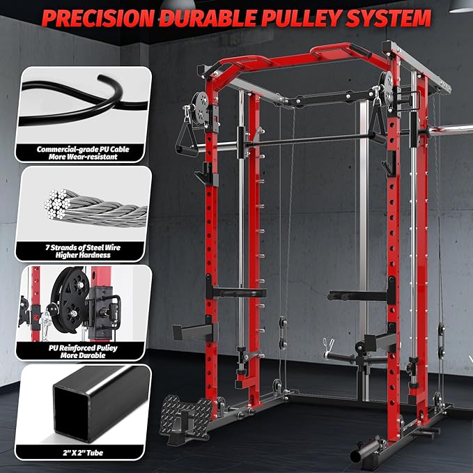 GarveeLife Power Cage, Smith Machine Squat Rack, Heavy Duty Power Rack for Home Gym with Pulley System, Dip Bar, LAT Pulldown, Multifunctional Squat Rack for Home Gym