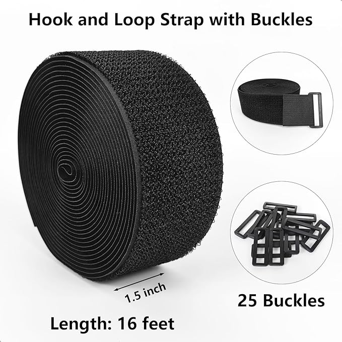 Hook and Loop Straps, 1.5'' x 16', Fastening Cinch Straps with 25 Buckles, Cut to Length, Heavy Duty, Reusable Cable Straps, Cord Straps, 16 Feet Long Cord Strap for Storage and Organization