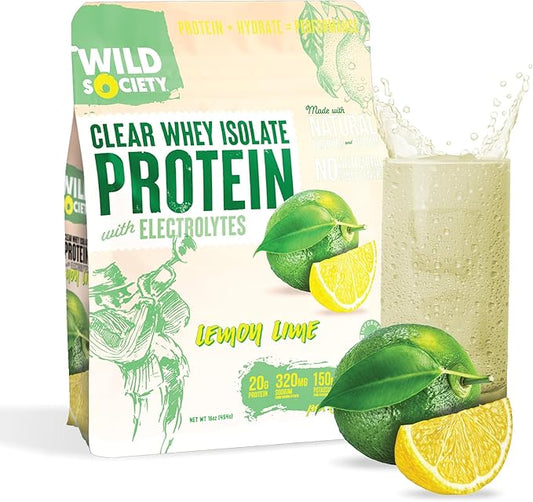WILD SOCIETY - Clear Whey Protein + Electrolytes - Refreshing Whey Protein Isolate Powder - 20g Protein, 0 Added Sugar, GMO-Free, Natural Flavors & Colors - Lemon Lime, 16 oz