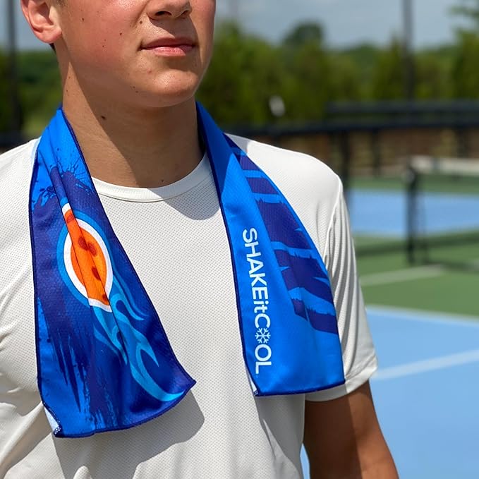 SHAKEitCOOL Original Cooling Towel โ Be Cool in Style - Heat Relief, Soft, Lightweight, Sun Protection, Easy Clean - Perfect for Biking, Running, Yoga, Gym, Gardening - Pickleball