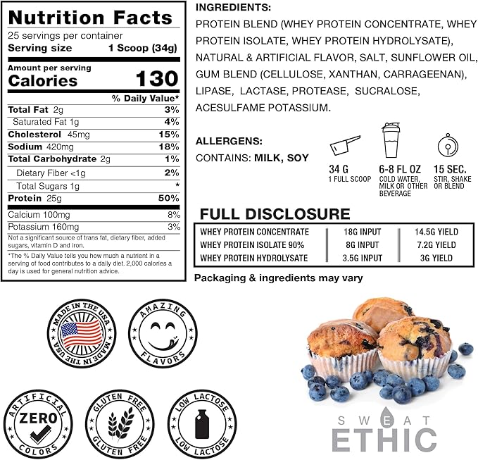 Sweat Ethic Whey'd Protein Powder, 25 G Whey Protein Blend with Concentrate (30 Ounce, Blue Berry Muffin)