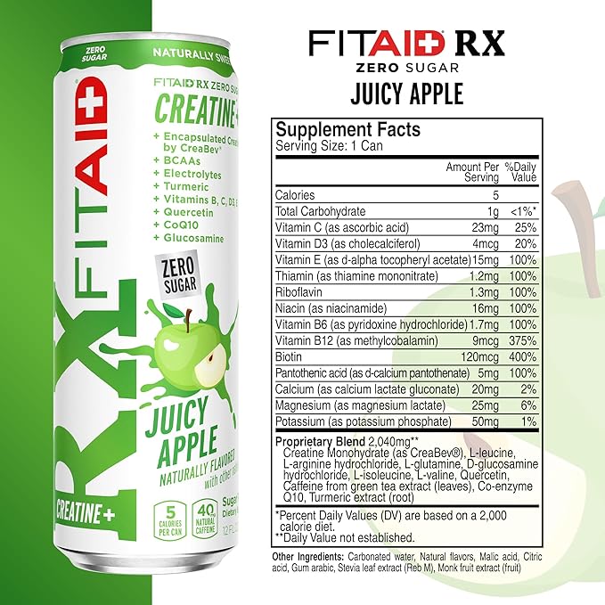 FITAID RX Zero Sugar, Encapsulated Creatine, Workout Recovery Drink, All-In-One Blend, BCAAs, Glucosamine, Turmeric, B-Complex, Electrolytes, Variety Pack, 12 Fl Oz (Pack of 24)