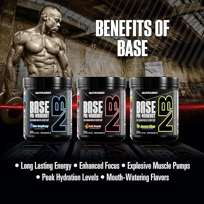 NutraBio Base Pre-Workout Powder 200mg Caffeine, Sustained Energy, Focus, Endurance, Pump, Sugar Free, Clean Preworkout for Men and Women - Beta Alanine, L-Tyrosine, 30 Servings - Lemon Lime