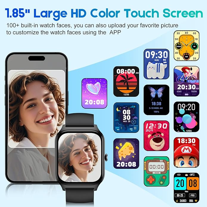 Smart Watch for Men Women Make Call Answer 1.85" with 20+ Sport Modes Fitness Tracker Sleep Spo2 Heart Rate Monitor Smartwatch Waterproof Pedometer Activity Tracker for Android iPhone