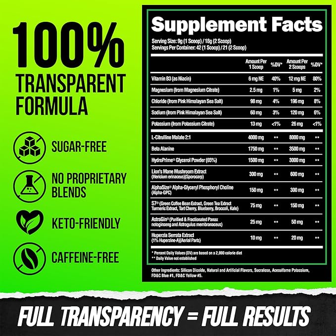 ALPHA LION Superhuman Pump Pre Workout Powder, Nootropic Caffeine & Stim Free Preworkout Supplement, Nitric Oxide Booster, Muscle Gainer, Energy & Focus (42 Servings, Sour Gummy Bear)