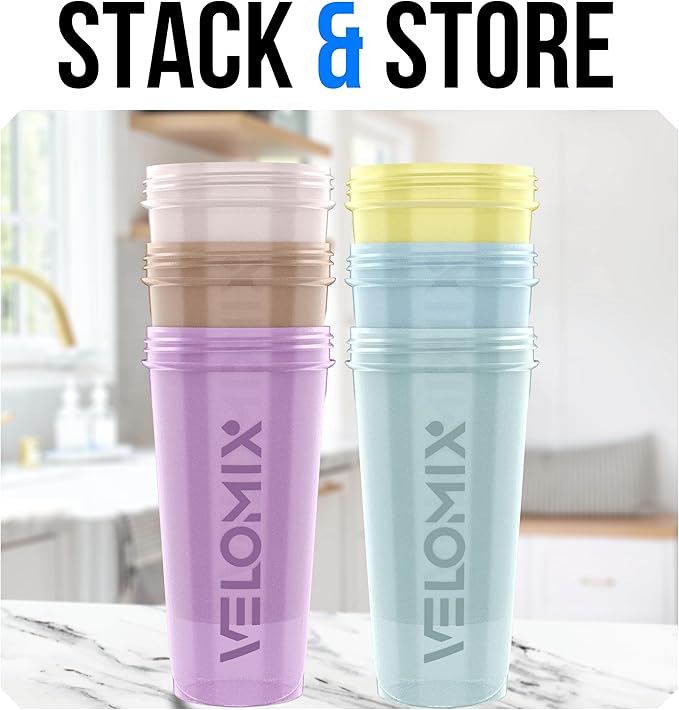 VELOMIX -6 PACK- 28 oz Protein Shaker Bottle for Protein Mixes - 6x Wire Whisk | Leak Proof Shaker Cups for Protein Shakes | Protein Shaker Bottle Pack | Protein Shake Cup (Pastel Power Series)