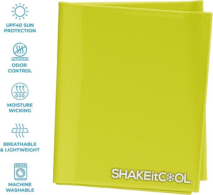 SHAKEitCOOL Extended Size Cooling Towel โ Be Cool in Style - Heat Relief, Soft, Lightweight, Sun Protection, Easy Clean - Perfect for Biking, Hiking, Running, Yoga, Golf, Gardening - Safety Yellow M