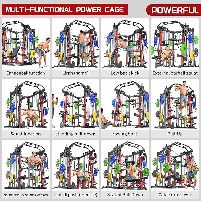Smith Machine with Cable Crossover System, Multi-Function Squat Rack Power Cage for Home Gym, Power Rack and Packages Weight Sets
