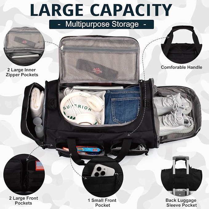Tactical Gym Bag for Men,70L Large 3 in 1 Sports Duffle Bag with Shoes Compartment for Travel,Water Resistant Travel Backpack Weekender Overnight Bag with Wet Pocket for Women