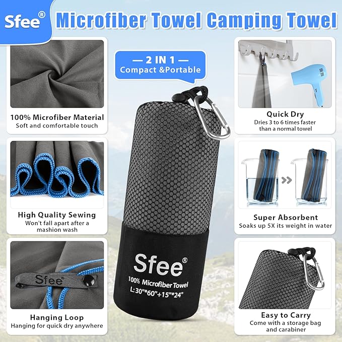 Sfee 2 Pack Microfiber Travel Towel, Quick Dry Camping Towel Large Beach Towel Super Absorbent Compact Lightweight Sports Gym Towels for Yoga, Gym, Hiking, Pool, Backpacking, Bath