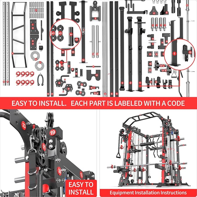 Smith Machine with Cable Crossover System, Multi-Function Squat Rack Power Cage for Home Gym, Power Rack and Packages Weight Sets