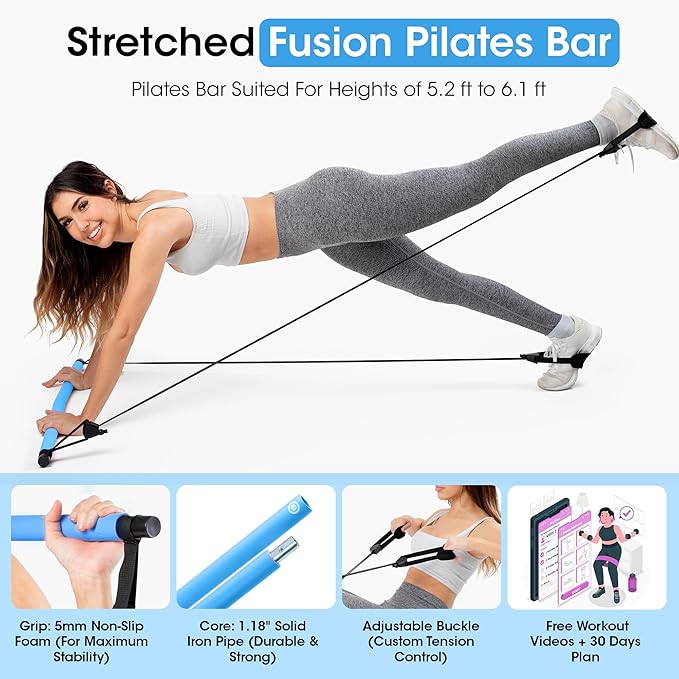 Stretched Fusion Pilates Bar Kit for Home Workouts | Portable Home Pilates Kit Set for Women & Men | Workout Bar for Legs, Hip, Waist and Arm | Includes Pilates Socks, 30-Day Challenge & Meal Plan