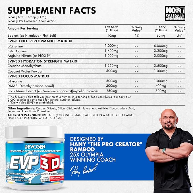 Evogen EVP 3D - Stim Free Pre Workout Powder for Men & Women | Sugar Free Non Stim Preworkout with Beta Alanine and Creatine for Energy & Pump | Polar Cherry Frost | 40 Servings