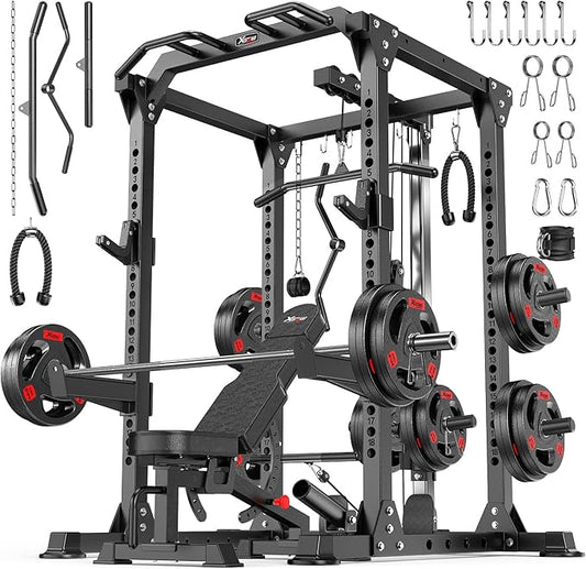 Power Cage Multi-Function Power Rack with Cable Crossover System,1800 LBS Capacity Squat Rack with Weight Bench,for Home Gym