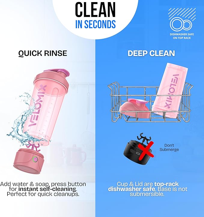 VELOMIX Electric Protein Shaker Bottle - 24 oz | USB-C Rechargeable | Leak Proof Shaker Cups for Protein Shakes | Portable Blender for Shakes and Smoothies (Electric - Pink)