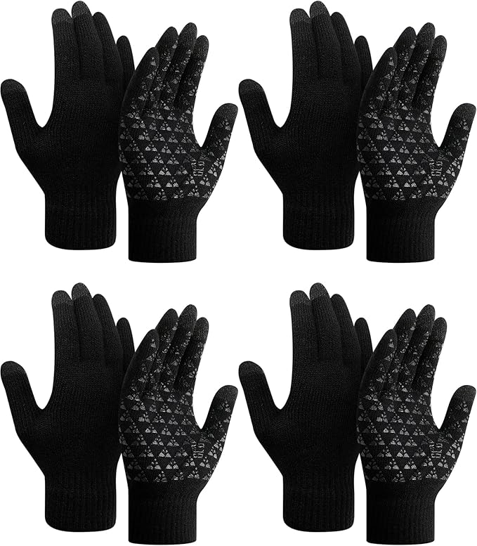 SATINIOR 4 Pairs Winter Gloves for Men Knit Warm Lining Cold Weather Gloves with Anti Slip Grips Touch Screen Texting Mittens