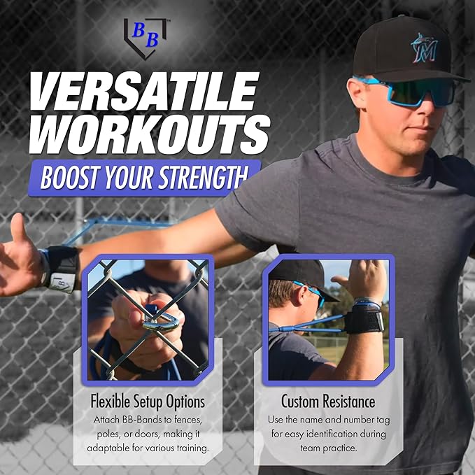 BB Bands Baseball Softball Resistance Training Bands - Arm Strength, Pitching Conditioning Equipment, 3 Strengths (Youth, Adult, Heavy), 7 Colors, Includes Anchor Strap, Door Mount, Bag, Workout Guide