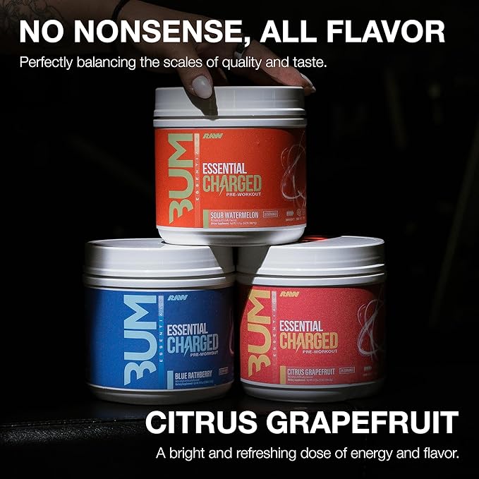 RAW Pre-Workout Powder, Essential CHARGED (Citrus Grapefruit) - Preworkout Supplement for Men, Women - Supports Focus, Mood, Performance - Caffeine, Alpha-GPC, L-Citrulline, Beta Alanine (25 Servings)
