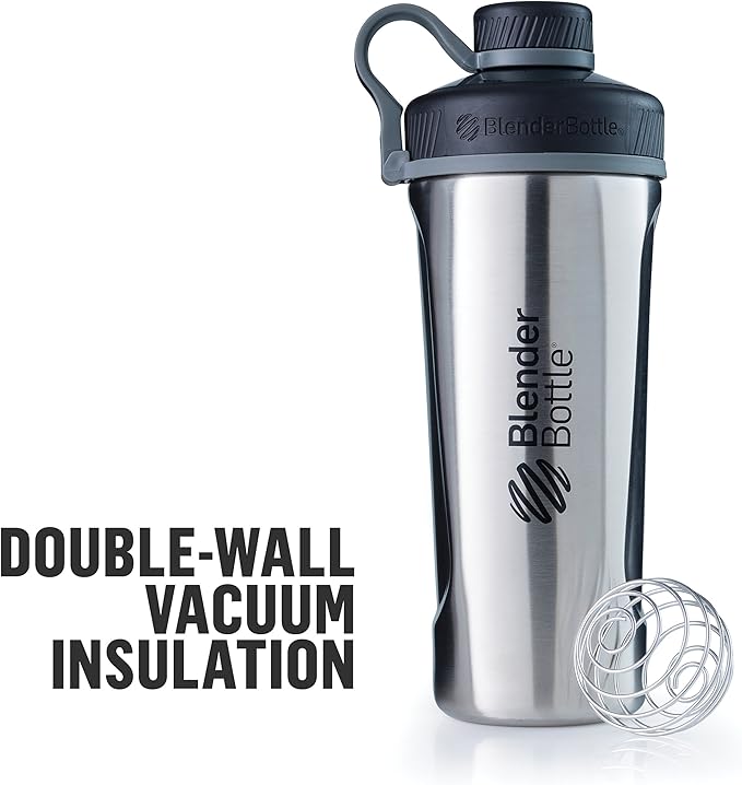 BlenderBottle Radian Shaker Cup Insulated Stainless Steel Water Bottle with Wire Whisk, 26-Ounce, Matte Black