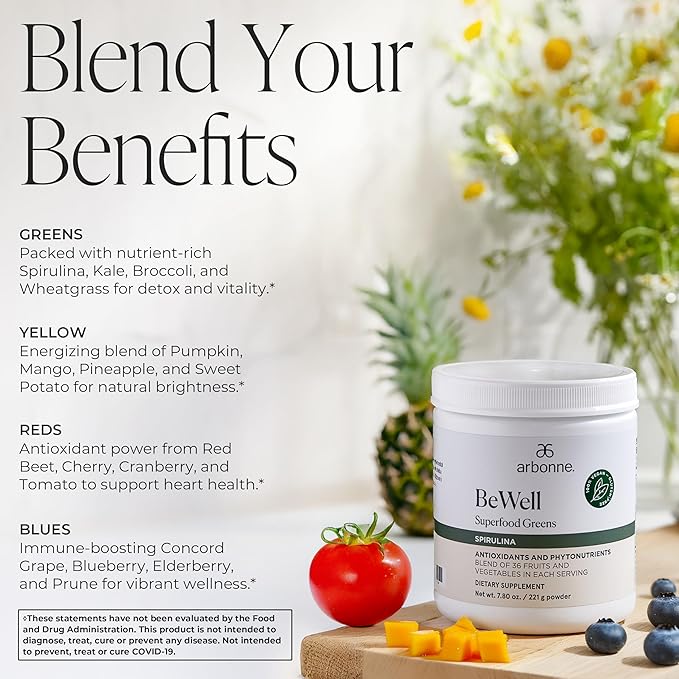 Arbonne BeWell Superfood Greens Powder - Health Supplement Powder Made from a Variety of Fruits and Vegetables, Organic Green Juice Supplement, 7.8 oz
