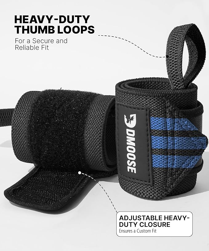DMoose Fitness Wrist Wraps for Weightlifting 18" - Heavy Duty Gym Wrap with Hand Thumb Loop for Support & Pain Relief, USPA Approved Powerlifting, Weight Lifting Wrist Straps for Men & Women Work Out