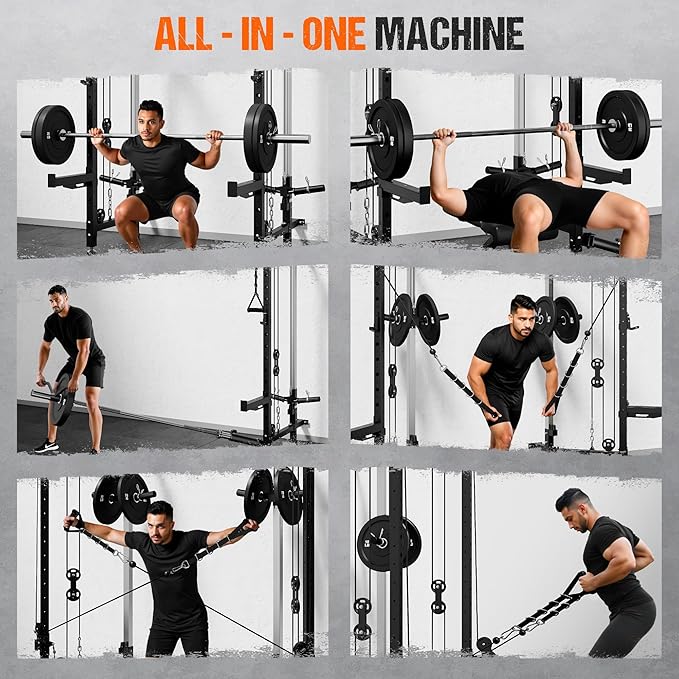 WM3-V4 Folding Squat Rack, Wall Mounted Power Rack with Dual Independent Pulley System, Functional Trainer with 5 Adjustable Function Modes for Space Saving