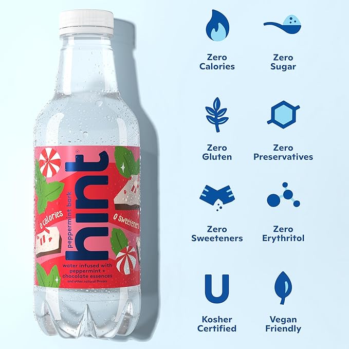 Hint Fruit-Infused Bottled Water, Peppermint Bark- Sugar Free Flavored Water with Zero Calories, Naturally Flavored, and No Artificial Sweeteners - 16 Fl Oz (Pack of 12)