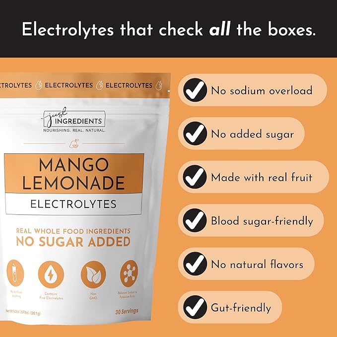 JUST INGREDIENTS Mango Lemonade Electrolyte Drink Mix - Coconut Water, Sea Salt, Trace Minerals - 30 Servings