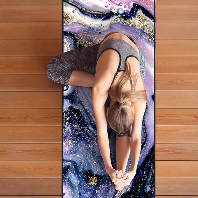 QiyI Yoga Mat Towel with Corner Pockets, Non Slip Sweat Absorbent Hot Yoga Towels, Soft Yoga Blankets with Travel Bag, Skidless Mat Cover for Workout, Gym, Fitness - 70"x26", Purple Gold Marble