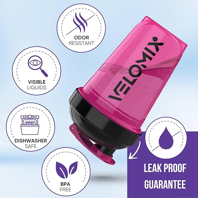 VELOMIX -2 Pack- 20 oz Protein Shaker Bottles for Protein Mixes - 2x Wire Whisk | Leak Proof Shaker Cups for Protein Shakes and Pre Workout | Protein Shaker Bottle Pack (Black/Pink)