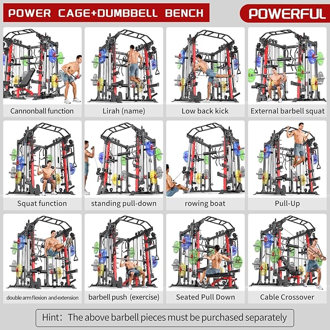 Smith Machine with Cable Crossover System, Multi-Function Squat Rack Power Cage for Home Gym, Power Rack and Packages Weight Sets