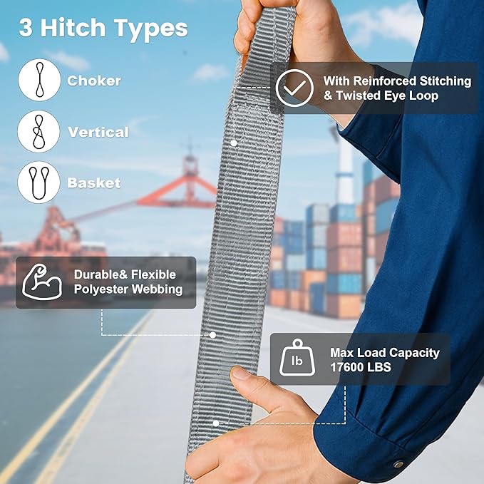 Leyso 4 Packs 3" x 10' Lifting Sling Straps, Multifunctional Heavy Duty Lift Sling Web Town Strap with 2 Reinforced Loops and Wear Guard End (Grey)