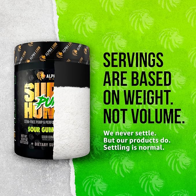 ALPHA LION Superhuman Pump Pre Workout Powder, Nootropic Caffeine & Stim Free Preworkout Supplement, Nitric Oxide Booster, Muscle Gainer, Energy & Focus (42 Servings, Sour Gummy Bear)
