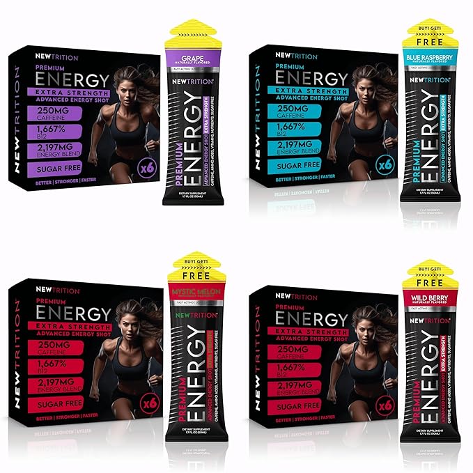 NewTrition® Extra Strength Energy Shots, 250mg Caffeine Energy Shots with Vitamin B & Amino Acids, Sugar-Free Vitamin Energy Shot, 1.7 fl oz (Pack of 24, 8 Flavors - Mixed 1&2)