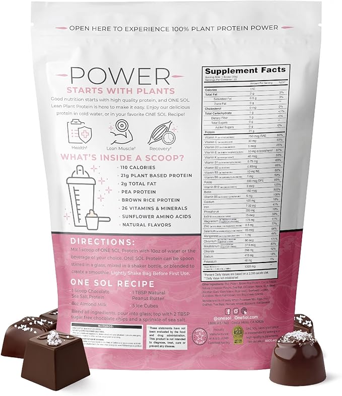 One Sol Lean Plant-Based Protein Powder, Pea & Brown Rice Protein, Low Carb, Vegan Friendly - Gluten, Lactose, & Soy Free - No Added Sugar, Non-GMO, Clean Nutrition, No Bloating (Chocolate Sea Salt)