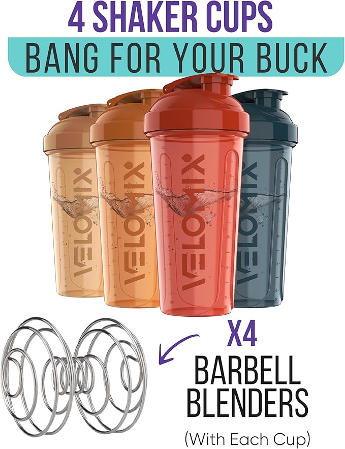 VELOMIX -4 PACK- 28 oz Protein Shaker Bottle for Protein Mixes - 4x Wire Whisk | Leak Proof Shaker Cups for Protein Shakes | Protein Shaker Bottle Pack | Protein Shake Cup (Amber Drift)