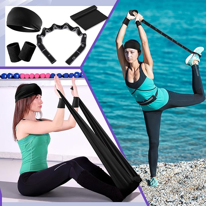 Poen 18 Pcs Pilates Ring Kit Home Pilates Ring Circle and Ball Set for Women Yoga Fitness Set with 5 Resistance Band Stretching Strap Non Slip Sock Ball Core Slider Wristband Headband Gym Bag(Black)