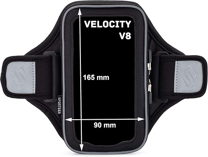 Sporteer Velocity V8 Running Armband - Compatible with iPhone 17/16/15 Pro Max, 16/15 Plus, 17/16/15 Pro, iPhone 17/16/15, Galaxy S25+, S24+, S23+, Pixel, & Many More Mobile Phones - FITS Cases