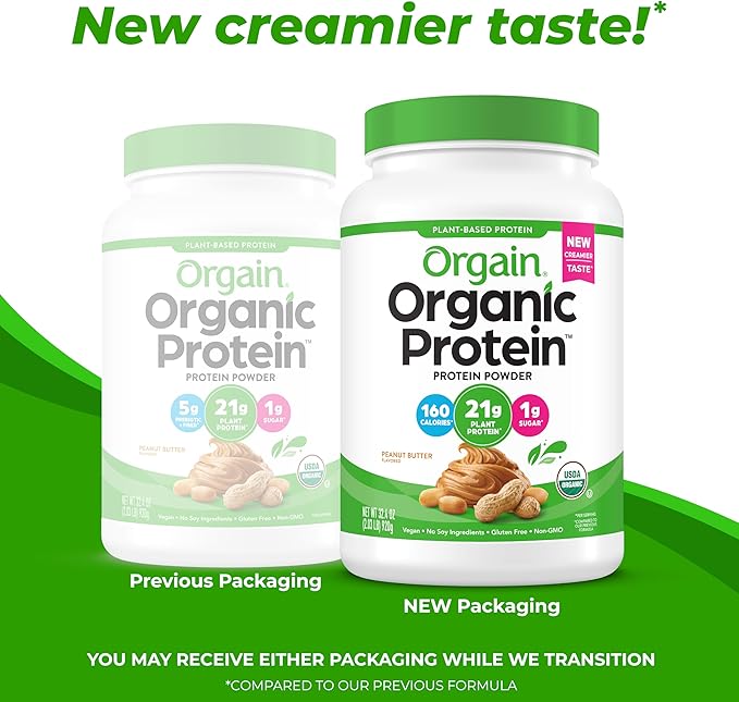 Orgain Organic Vegan Protein Powder, Peanut Butter - 21g Plant Protein, 7g Prebiotic Fiber, Low Net Carb, No Dairy Ingredients, No Added Sugar, For Shakes & Smoothies, 2.03 lb (Packaging May Vary)