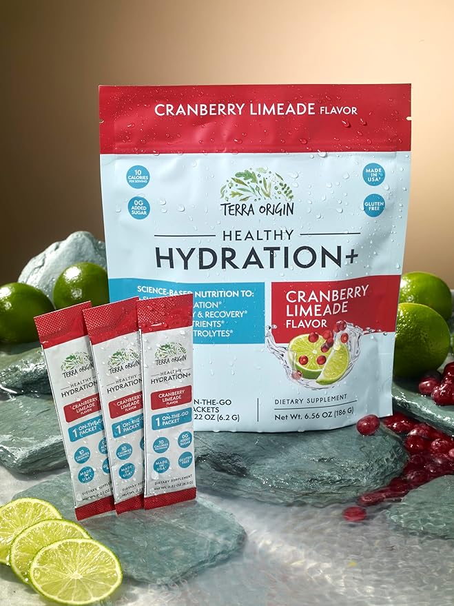 TERRA ORIGIN Healthy Hydration+ Recovery Drink Mix | 30 Stick Packs | Zero Sugar Added, Gluten Free | Cranberry Limeade
