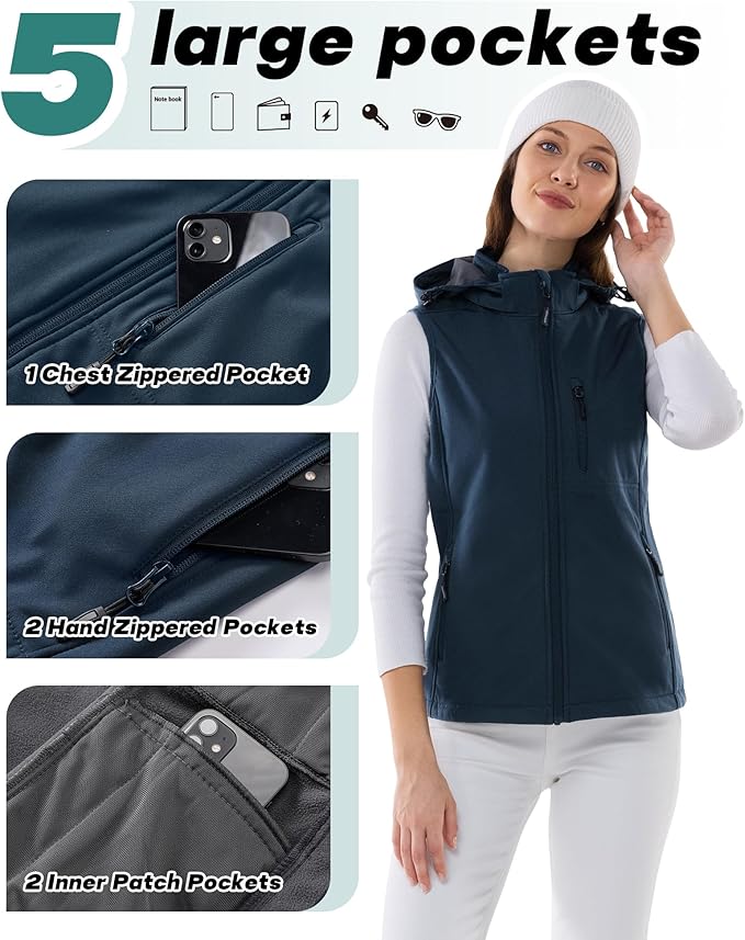 Outdoor Ventures Women's Hooded Lightweight Softshell Vest, Windproof Fleece Lined Sleeveless Jacket for Golf Running Travel